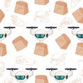 seamless pattern with icon of drone courier flying with paper pizza package and food icons Royalty Free Stock Photo